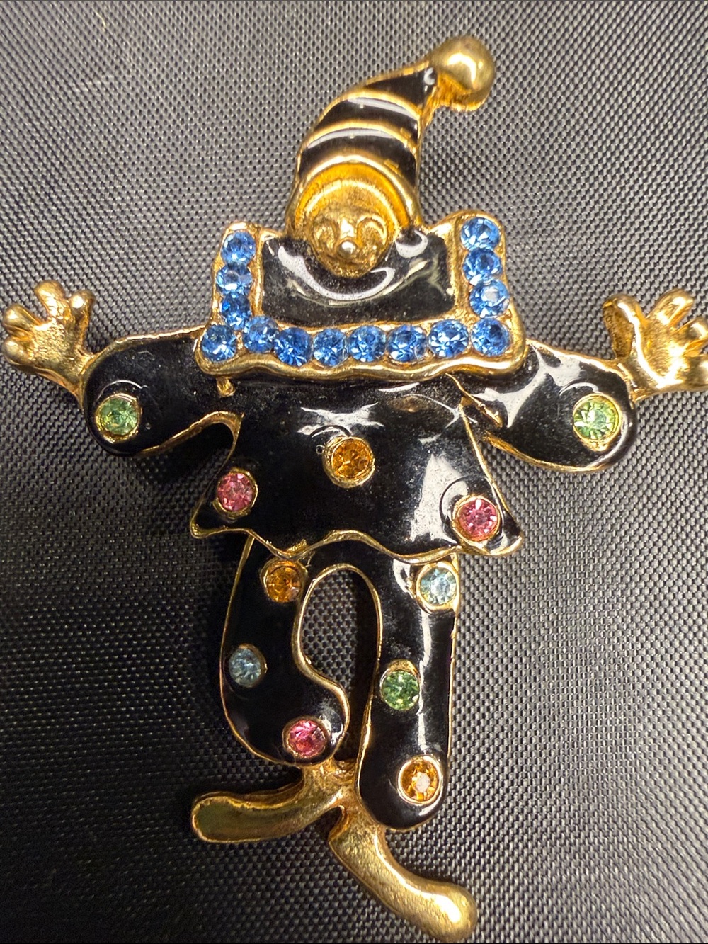 Gold-Tone Black Clown Brooch w/ Multicolor Stones - clowns legs can move vintage